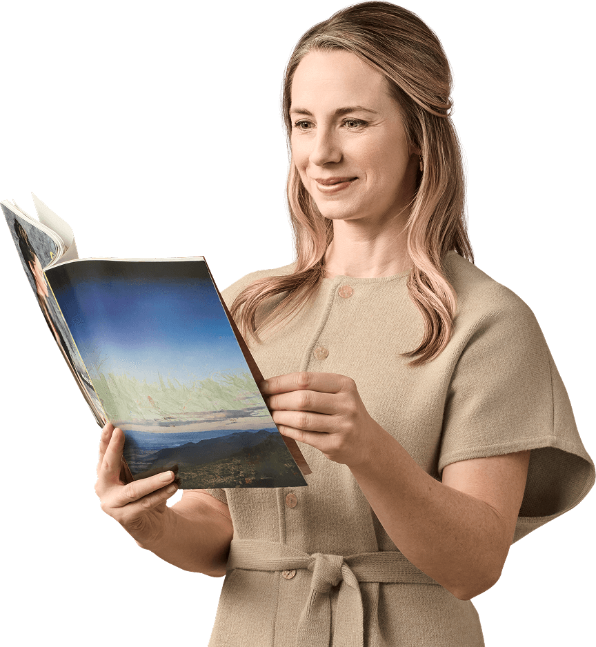 Woman with presbyopia reading without glasses 