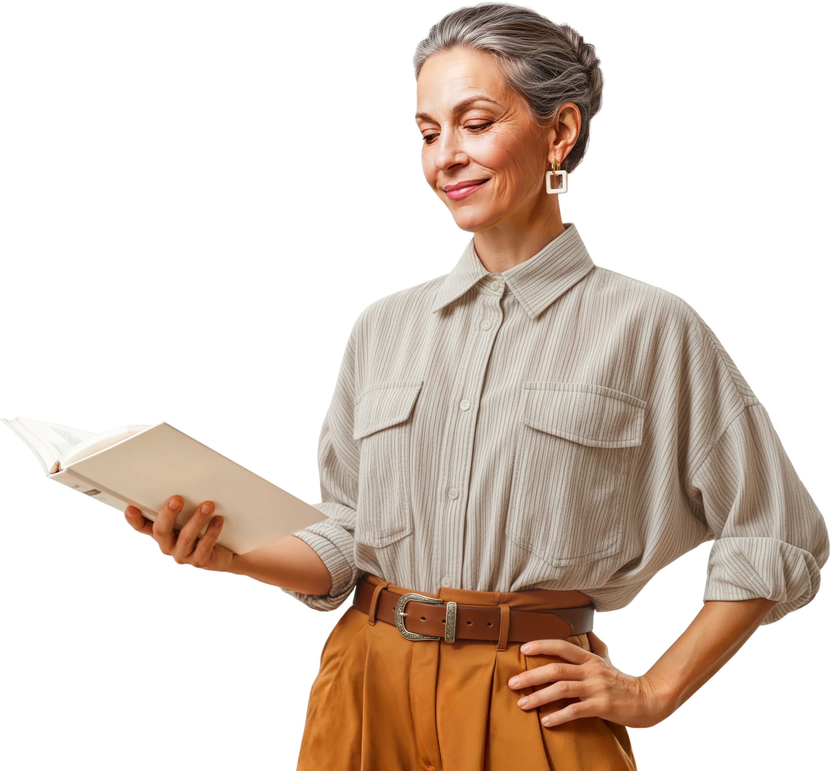 Woman with presbyopia reading without glasses 